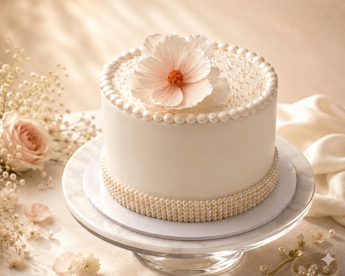 Ivory single-tier cake with pearl border and pink bloom