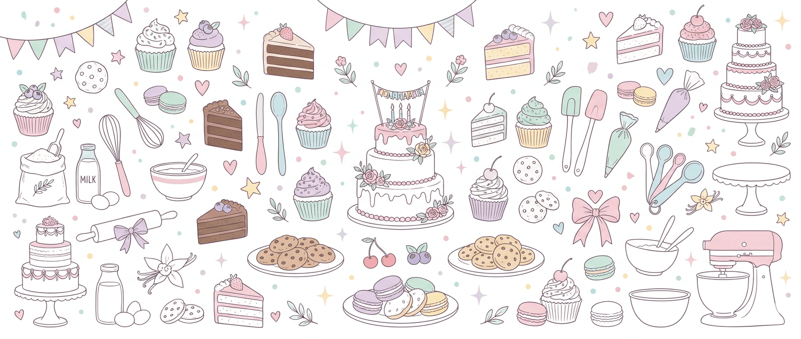 Illustrated collection of cakes, cupcakes and baking tools