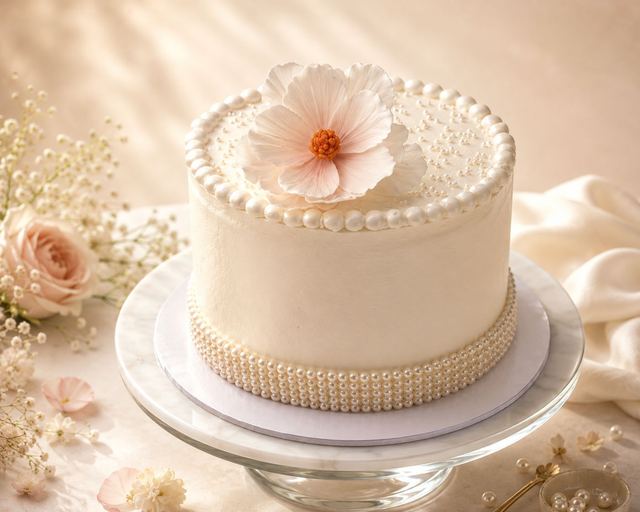 Ivory wedding cake with pearl border