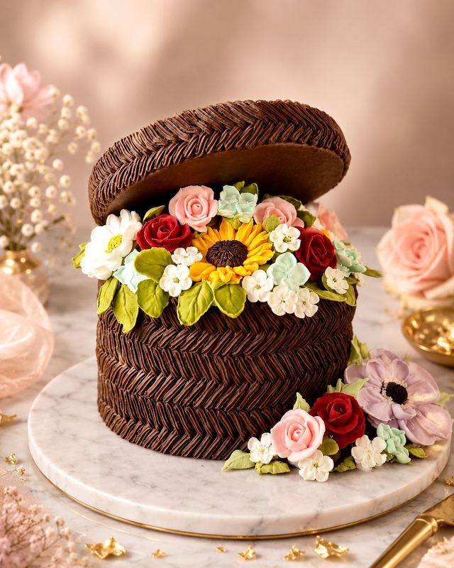 Chocolate basket-weave cake with sugar flowers